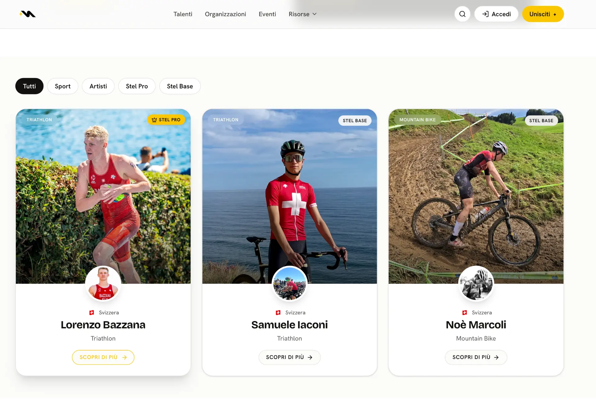 Elenco dei talenti Stel Management con filtri per sport, artisti e livello di appartenenza