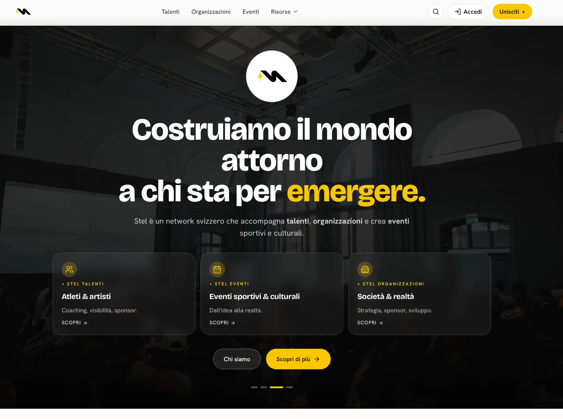 Homepage della webapp Stel Management con le tre aree: talenti, eventi e organizzazioni