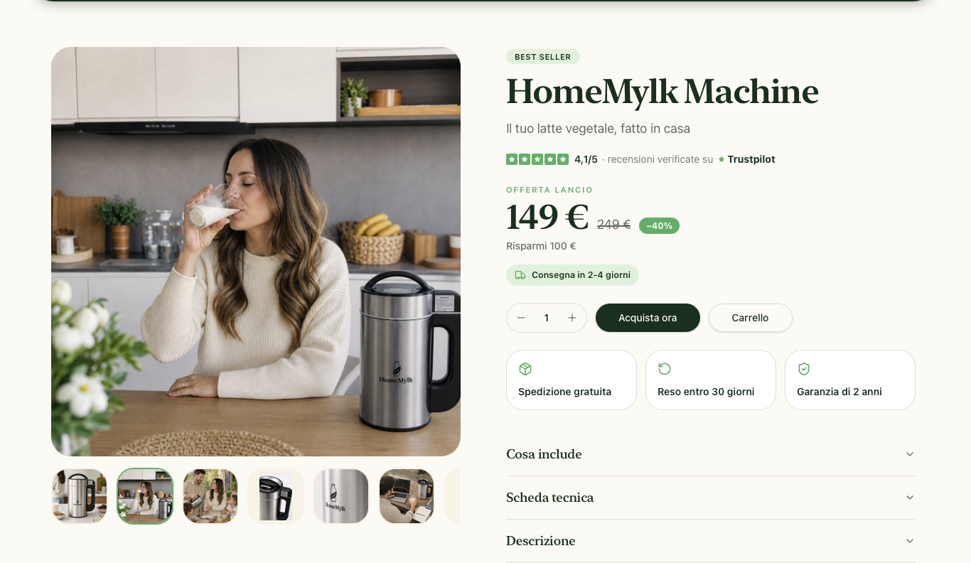 Pagina prodotto HomeMylk con galleria foto, prezzo, garanzie e schede richiudibili