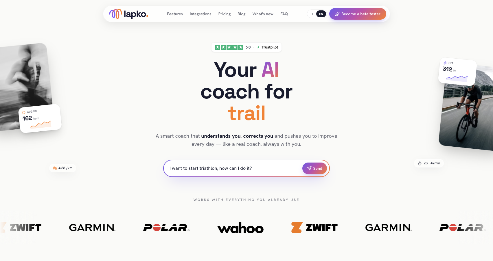 Homepage Lapko con coach AI per trail e integrazioni sportive