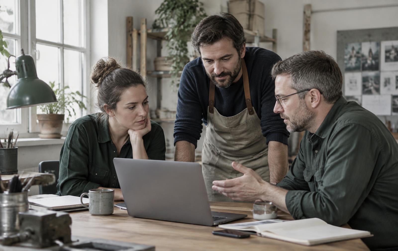 Piccolo team di una PMI che discute i primi usi dell'intelligenza artificiale