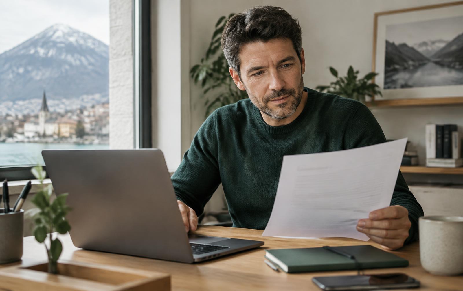 Imprenditore che confronta un preventivo per un sito web con lo schermo del portatile