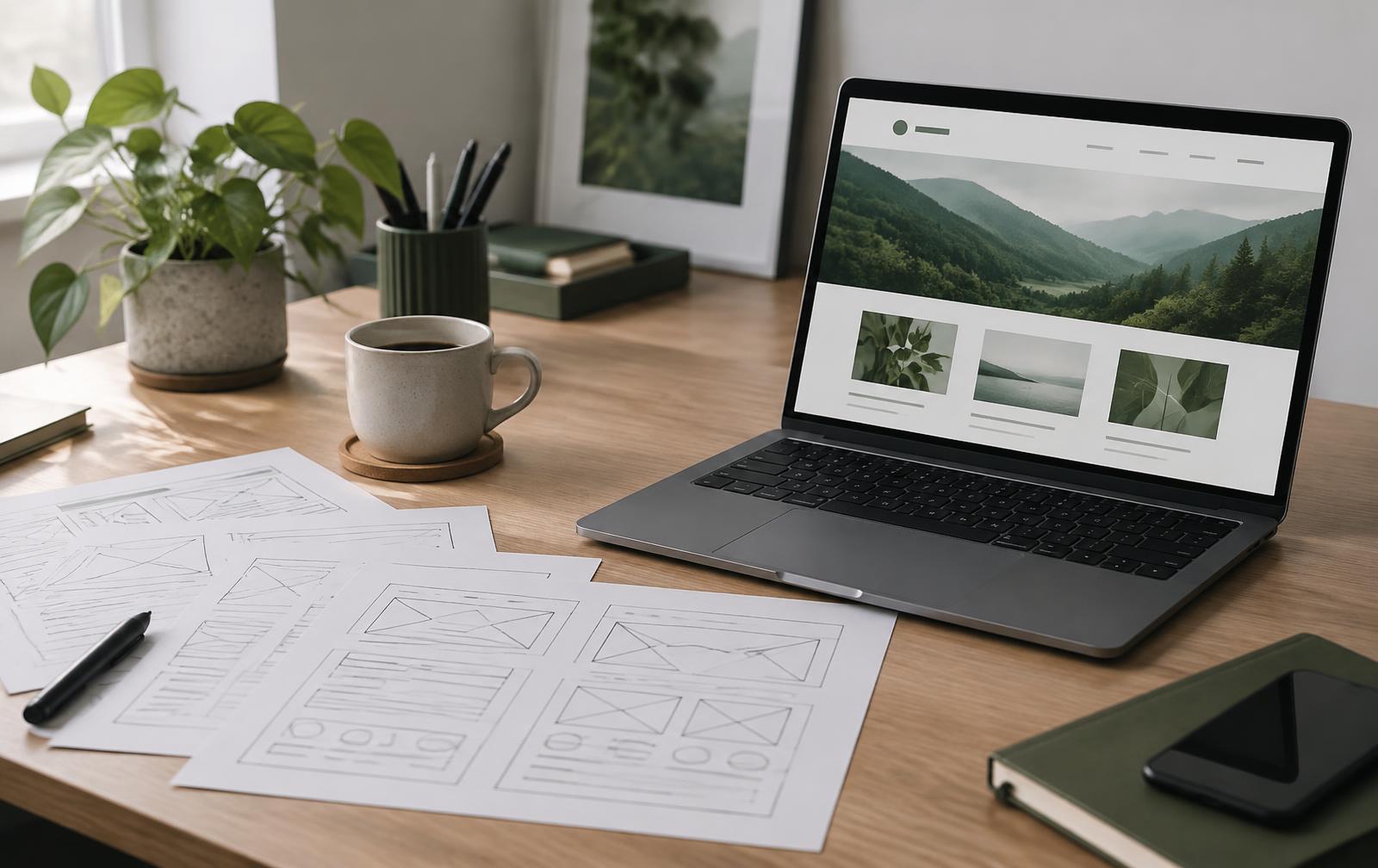 Schizzi delle pagine di un sito su carta accanto a un portatile con il sito finito