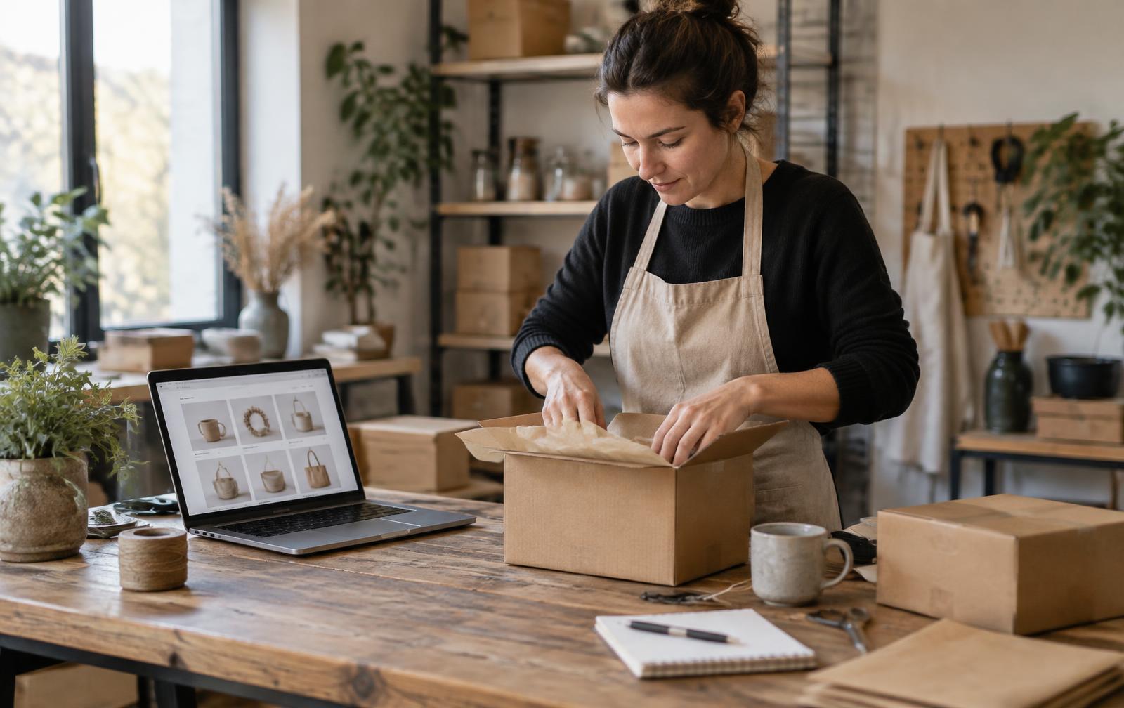Titolare di una piccola attività che prepara una spedizione con il negozio online aperto sul portatile