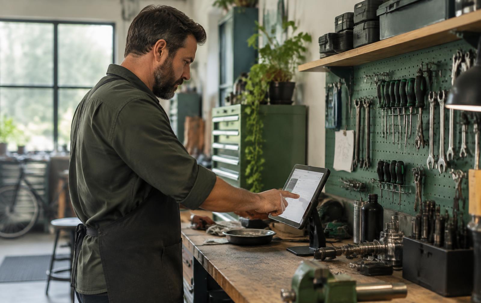 Tecnico in officina che aggiorna lo stato di una lavorazione da un tablet