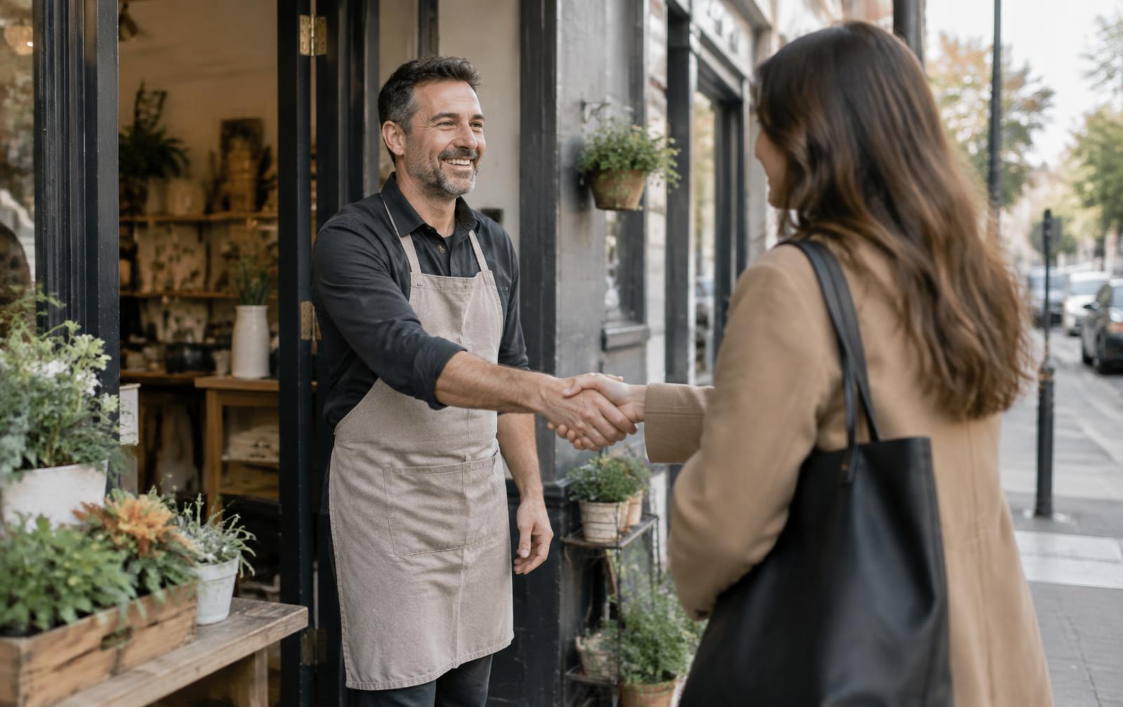 Titolare di un negozio di quartiere che accoglie una cliente sulla porta