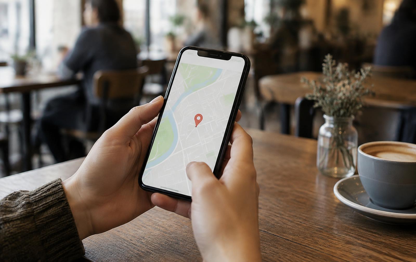 Mani che tengono un telefono con una mappa e il segnaposto dell'attività