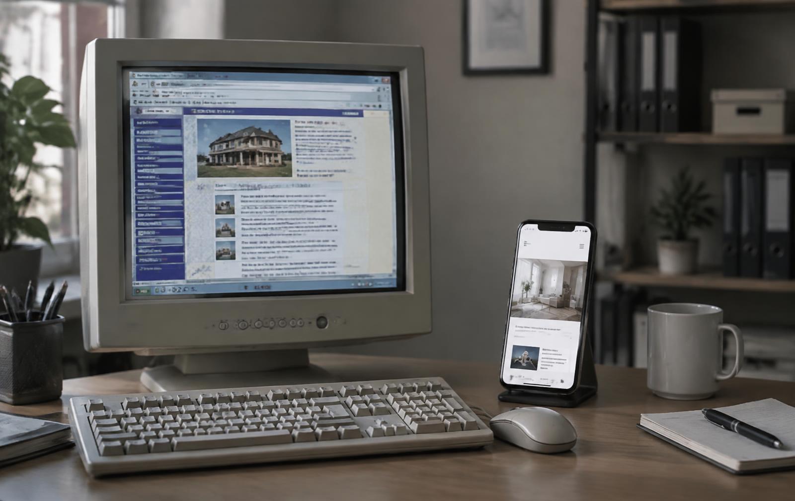 Un sito datato su un vecchio monitor accanto a una pagina moderna sul telefono